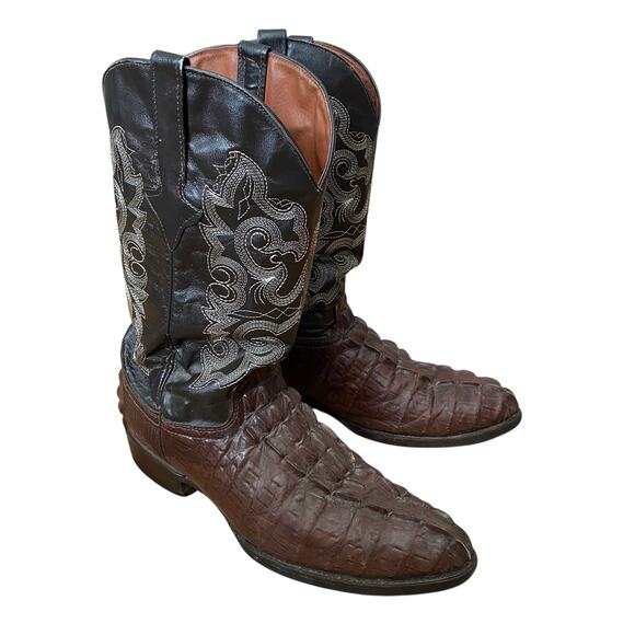 Texas Legacy Handmade Leather Brown Cowboy Boots Alligator Tail Print Mens 11 - Picture 1 of 10